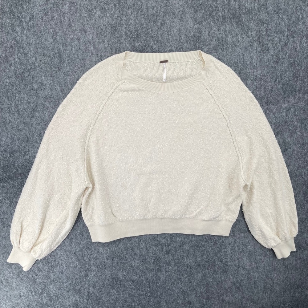 Free People Sweatshirt Small Cream Boucle Knit Balloon Sleeve Raglan